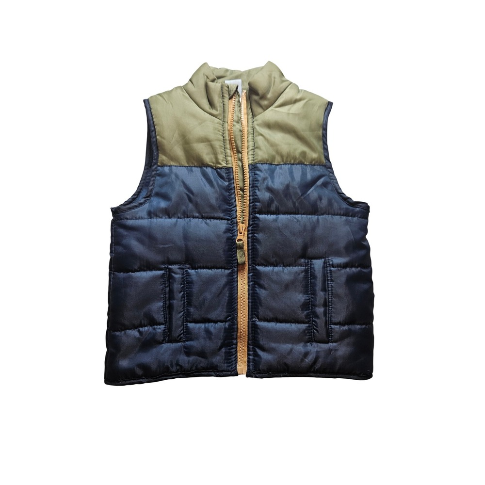 Little Lad Boys Puffer Vest Navy Blue Olive Green Colorblock Full Zip Size 4T